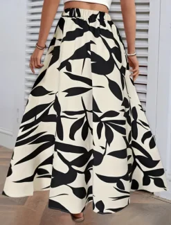 Best Women's Skirt A Line Fashion Casual Maxi High Waist Skirts Trees / Leaves Pocket Print Stretchy Street Daily White Green Summer Polyester Women Skirts