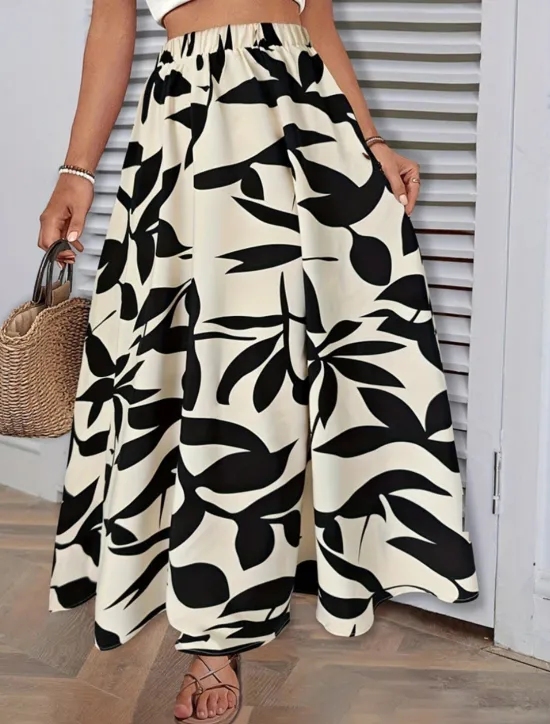 Best Women's Skirt A Line Fashion Casual Maxi High Waist Skirts Trees / Leaves Pocket Print Stretchy Street Daily White Green Summer Polyester Women Skirts