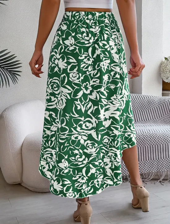 Best Women's Skirt A Line Fashion Casual Maxi High Waist Skirts Floral Ruffle Pocket Print Micro-elastic Street Daily Fuchsia Green Light Blue Summer Polyester Women Skirts
