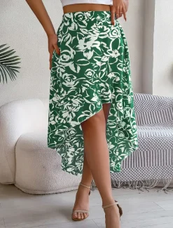 Best Women's Skirt A Line Fashion Casual Maxi High Waist Skirts Floral Ruffle Pocket Print Micro-elastic Street Daily Fuchsia Green Light Blue Summer Polyester Women Skirts