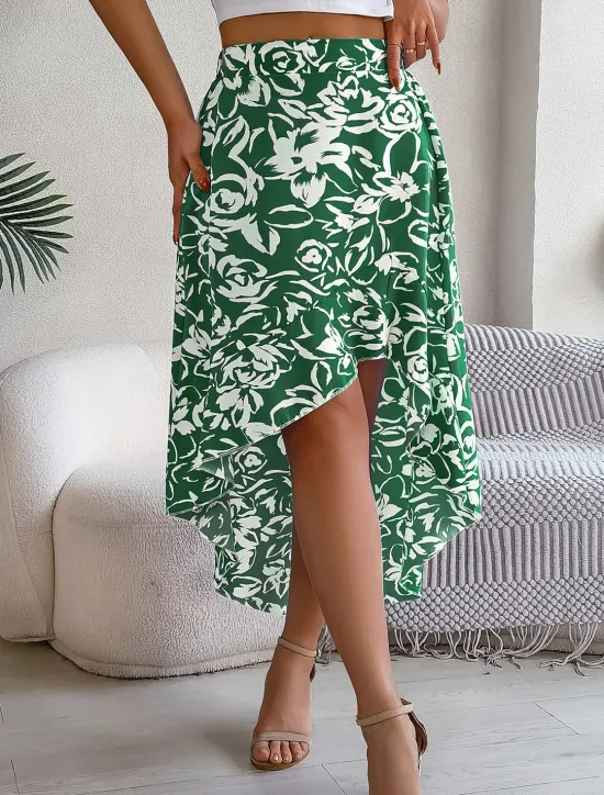 Best Women's Skirt A Line Fashion Casual Maxi High Waist Skirts Floral Ruffle Pocket Print Micro-elastic Street Daily Fuchsia Green Light Blue Summer Polyester Women Skirts