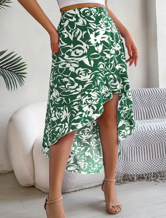 Best Women's Skirt A Line Fashion Casual Maxi High Waist Skirts Floral Ruffle Pocket Print Micro-elastic Street Daily Fuchsia Green Light Blue Summer Polyester Women Skirts