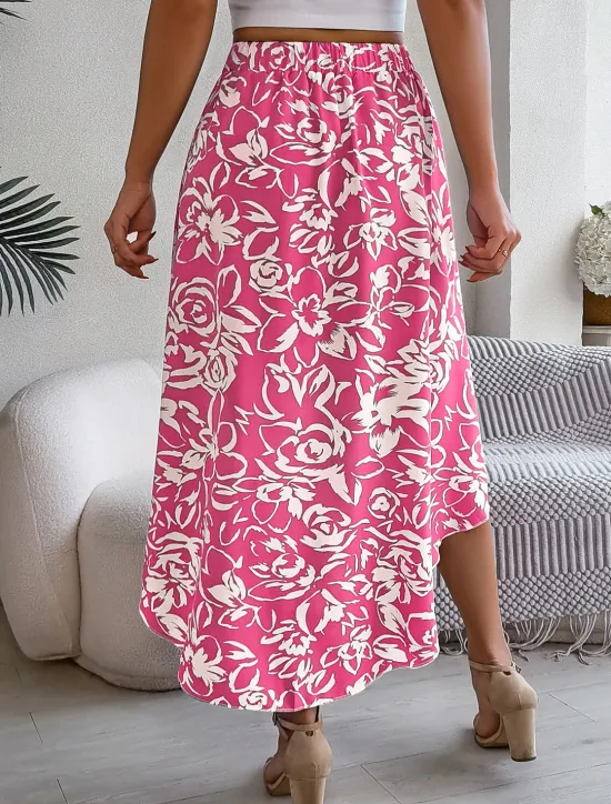 Best Women's Skirt A Line Fashion Casual Maxi High Waist Skirts Floral Ruffle Pocket Print Micro-elastic Street Daily Fuchsia Green Light Blue Summer Polyester Women Skirts