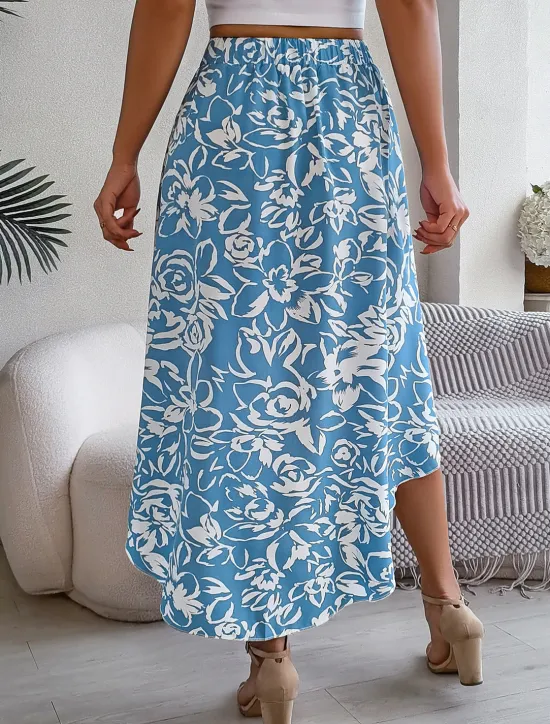 Best Women's Skirt A Line Fashion Casual Maxi High Waist Skirts Floral Ruffle Pocket Print Micro-elastic Street Daily Fuchsia Green Light Blue Summer Polyester Women Skirts