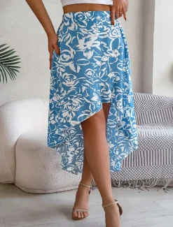Best Women's Skirt A Line Fashion Casual Maxi High Waist Skirts Floral Ruffle Pocket Print Micro-elastic Street Daily Fuchsia Green Light Blue Summer Polyester Women Skirts
