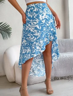 Best Women's Skirt A Line Fashion Casual Maxi High Waist Skirts Floral Ruffle Pocket Print Micro-elastic Street Daily Fuchsia Green Light Blue Summer Polyester Women Skirts