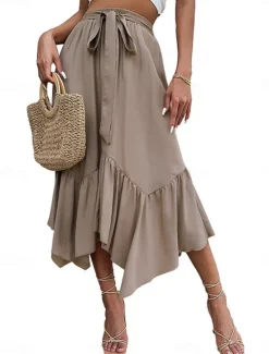 Hot Women's Skirt A Line Fashion Casual Maxi High Waist Skirts Plain Ruffle Micro-elastic Street Daily Summer Polyester Women Skirts