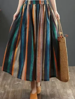 Hot Women's Skirt A Line Fashion Casual Maxi High Waist Skirts Striped Pocket Print Micro-elastic Street Daily Summer Polyester Women Skirts