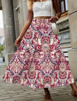 Clearance Women's Skirt A Line Fashion Casual Midi Mid Waist Skirts Geometric Print Micro-elastic Street Daily Wine Yellow Summer Polyester Women Skirts