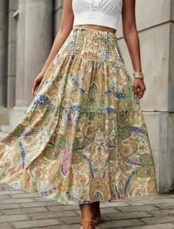 Clearance Women's Skirt A Line Fashion Casual Midi Mid Waist Skirts Geometric Print Micro-elastic Street Daily Wine Yellow Summer Polyester Women Skirts