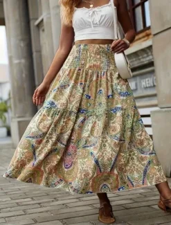 Clearance Women's Skirt A Line Fashion Casual Midi Mid Waist Skirts Geometric Print Micro-elastic Street Daily Wine Yellow Summer Polyester Women Skirts