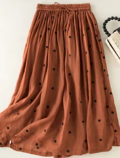 Best Women's Skirt A Line Fashion Casual Maxi High Waist Skirts Polka Dot Print Casual Daily Weekend Yellow Navy Blue Brown Green Summer Cotton And Linen Women Dresses