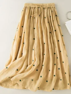 Best Women's Skirt A Line Fashion Casual Maxi High Waist Skirts Polka Dot Print Casual Daily Weekend Yellow Navy Blue Brown Green Summer Cotton And Linen Women Dresses