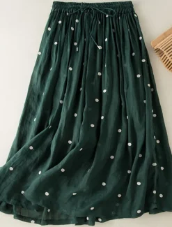 Best Women's Skirt A Line Fashion Casual Maxi High Waist Skirts Polka Dot Print Casual Daily Weekend Yellow Navy Blue Brown Green Summer Cotton And Linen Women Dresses