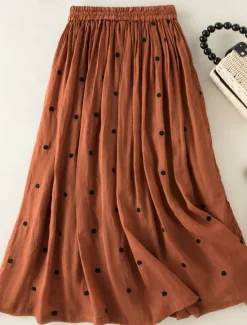 Best Women's Skirt A Line Fashion Casual Maxi High Waist Skirts Polka Dot Print Casual Daily Weekend Yellow Navy Blue Brown Green Summer Cotton And Linen Women Dresses
