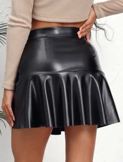 Clearance Women's Skirt A Line Fashion Sexy Mini High Waist Skirts Solid Colored Ruffle Street Daily Black Brown Summer Faux Leather Leather Women Skirts