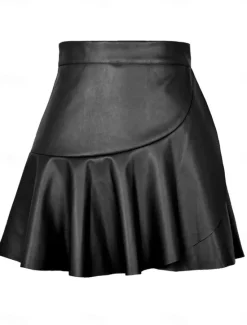 Clearance Women's Skirt A Line Fashion Sexy Mini High Waist Skirts Solid Colored Ruffle Street Daily Black Brown Summer Faux Leather Leather Women Skirts