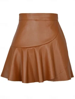 Clearance Women's Skirt A Line Fashion Sexy Mini High Waist Skirts Solid Colored Ruffle Street Daily Black Brown Summer Faux Leather Leather Women Skirts