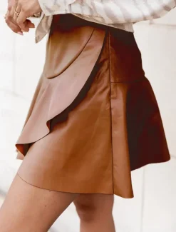 Clearance Women's Skirt A Line Fashion Sexy Mini High Waist Skirts Solid Colored Ruffle Street Daily Black Brown Summer Faux Leather Leather Women Skirts