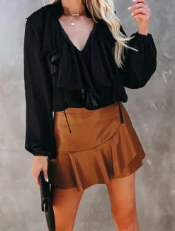 Clearance Women's Skirt A Line Fashion Sexy Mini High Waist Skirts Solid Colored Ruffle Street Daily Black Brown Summer Faux Leather Leather Women Skirts