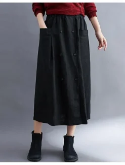 Outlet Women's Skirt A Line Long Skirt Linen Skirts coastal grandma style Basic Casual Long Midi Skirts Solid Colored Pocket Split Ends Street Daily Black Brown Green Apricot Spring & Summer Cotton Linen Women Skirts