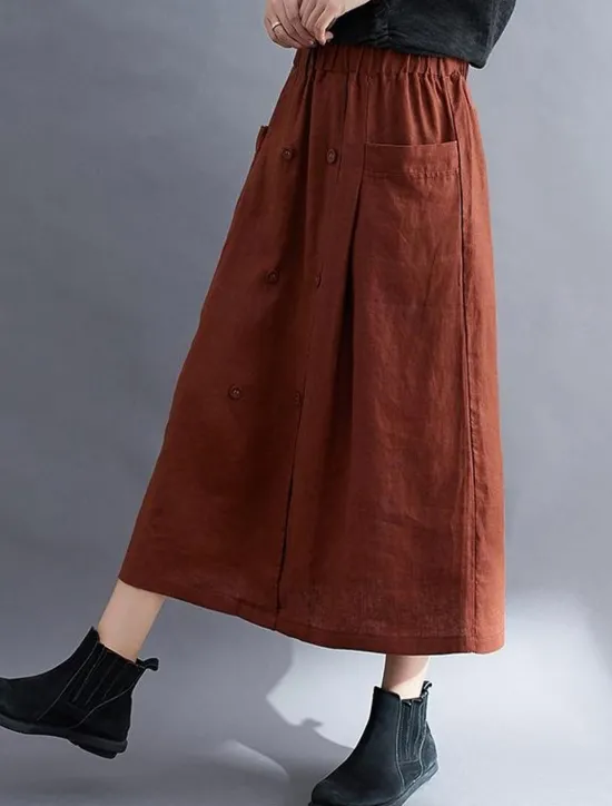 Outlet Women's Skirt A Line Long Skirt Linen Skirts coastal grandma style Basic Casual Long Midi Skirts Solid Colored Pocket Split Ends Street Daily Black Brown Green Apricot Spring & Summer Cotton Linen Women Skirts