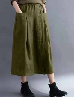 Outlet Women's Skirt A Line Long Skirt Linen Skirts coastal grandma style Basic Casual Long Midi Skirts Solid Colored Pocket Split Ends Street Daily Black Brown Green Apricot Spring & Summer Cotton Linen Women Skirts