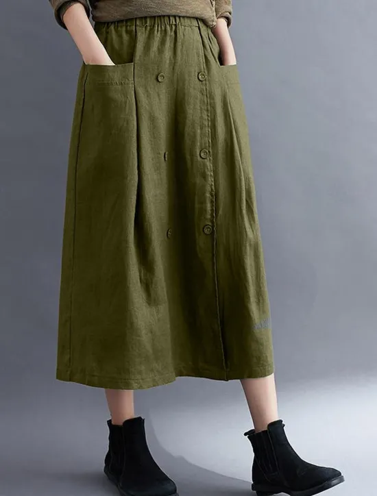 Outlet Women's Skirt A Line Long Skirt Linen Skirts coastal grandma style Basic Casual Long Midi Skirts Solid Colored Pocket Split Ends Street Daily Black Brown Green Apricot Spring & Summer Cotton Linen Women Skirts