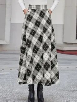 New Women's Skirt A Line Maxi Skirts Pocket Print Plaid Street Daily Winter Fashion Casual Camel Black Blue Women Skirts