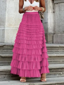 Women's Skirt A Line Maxi Skirts Ruffle Layered Solid Colored Street Daily Winter Fashion Casual White Fuchsia Women Skirts