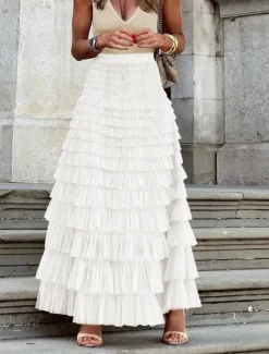 Women's Skirt A Line Maxi Skirts Ruffle Layered Solid Colored Street Daily Winter Fashion Casual White Fuchsia Women Skirts