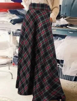 Sale Women's Skirt A Line Maxi Skirts Pocket Print Plaid Street Daily Winter Fashion Casual Black Red Green Women Skirts
