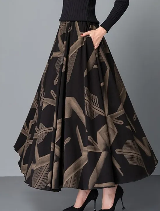 Hot Women's Skirt A Line Maxi High Waist Skirts Pleated Pocket Print Floral Office / Career Street Winter Fashion Casual Black Yellow Red Women Skirts