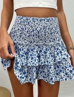 New Women's Skirt A Line Mini High Waist Skirts Ruffle Print Floral Daily Vacation Summer Fashion Bohemian Casual Boho Apricot Black White Pink Women Skirts