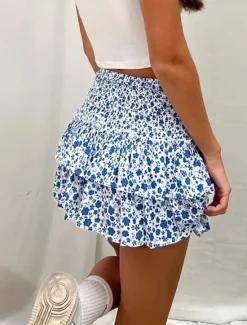 New Women's Skirt A Line Mini High Waist Skirts Ruffle Print Floral Daily Vacation Summer Fashion Bohemian Casual Boho Apricot Black White Pink Women Skirts
