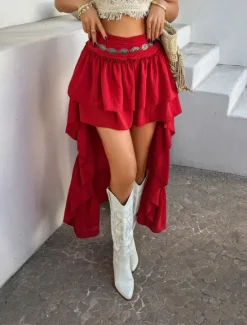 Discount Women's Skirt A Line Solid Color Fashion Casual Mini High Waist Skirts Plain Ruffle Layered Micro-elastic Vacation Street Black White Red Blue Summer Polyester Women Skirts