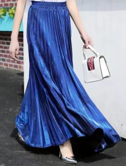 Outlet Women's Skirt A Line Swing Long Skirt Elegant Fashion Maxi High Waist Skirts Solid Colored Pleated Street Daily Silver Wine Red Black Golden Winter Cotton Blend Velvet Women Skirts