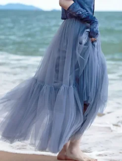 Online Women's Skirt A Line Swing Fashion Casual Maxi High Waist Skirts Solid Colored Layered Casual Daily Weekend Black Blue Summer Tulle Women Skirts