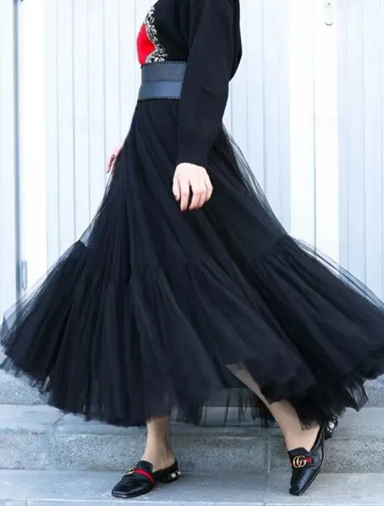 Online Women's Skirt A Line Swing Fashion Casual Maxi High Waist Skirts Solid Colored Layered Casual Daily Weekend Black Blue Summer Tulle Women Skirts