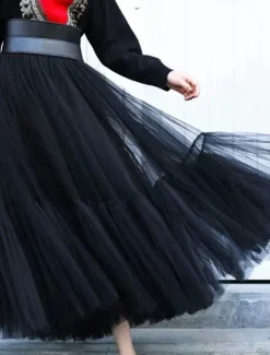 Online Women's Skirt A Line Swing Fashion Casual Maxi High Waist Skirts Solid Colored Layered Casual Daily Weekend Black Blue Summer Tulle Women Skirts