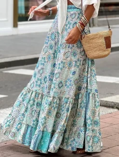 Outlet Women's Skirt A Line Swing Long Skirt Maxi High Waist Skirts Ruffle Print Floral Geometric Daily Holiday Summer Fashion Casual Boho Pink Blue Green Light Blue Women Skirts
