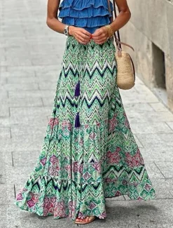 Outlet Women's Skirt A Line Swing Long Skirt Maxi High Waist Skirts Ruffle Print Floral Geometric Daily Holiday Summer Fashion Casual Boho Pink Blue Green Light Blue Women Skirts