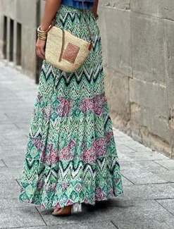 Outlet Women's Skirt A Line Swing Long Skirt Maxi High Waist Skirts Ruffle Print Floral Geometric Daily Holiday Summer Fashion Casual Boho Pink Blue Green Light Blue Women Skirts