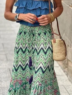 Outlet Women's Skirt A Line Swing Long Skirt Maxi High Waist Skirts Ruffle Print Floral Geometric Daily Holiday Summer Fashion Casual Boho Pink Blue Green Light Blue Women Skirts