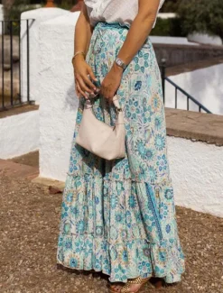 Outlet Women's Skirt A Line Swing Long Skirt Maxi High Waist Skirts Ruffle Print Floral Geometric Daily Holiday Summer Fashion Casual Boho Pink Blue Green Light Blue Women Skirts