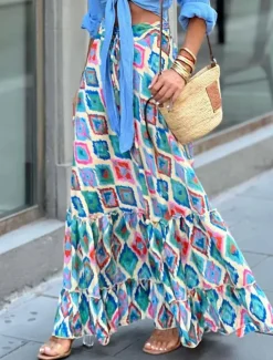Outlet Women's Skirt A Line Swing Long Skirt Maxi High Waist Skirts Ruffle Print Floral Geometric Daily Holiday Summer Fashion Casual Boho Pink Blue Green Light Blue Women Skirts