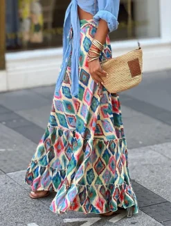 Outlet Women's Skirt A Line Swing Long Skirt Maxi High Waist Skirts Ruffle Print Floral Geometric Daily Holiday Summer Fashion Casual Boho Pink Blue Green Light Blue Women Skirts