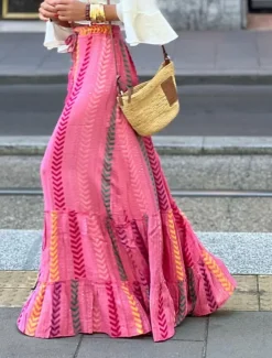 Outlet Women's Skirt A Line Swing Long Skirt Maxi High Waist Skirts Ruffle Print Floral Geometric Daily Holiday Summer Fashion Casual Boho Pink Blue Green Light Blue Women Skirts