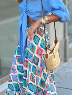 Outlet Women's Skirt A Line Swing Long Skirt Maxi High Waist Skirts Ruffle Print Floral Geometric Daily Holiday Summer Fashion Casual Boho Pink Blue Green Light Blue Women Skirts