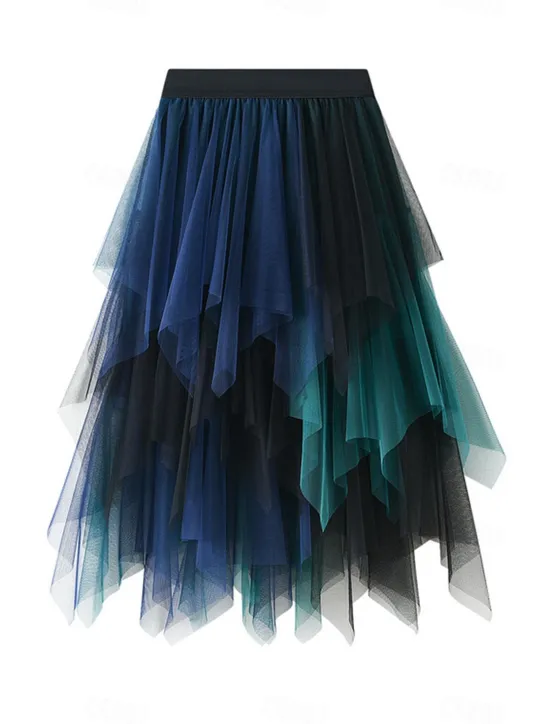 Online Women's Skirt A Line Swing Fashion Casual Midi High Waist Skirts Color Block Irregular Hem Layered Vacation Street White Pink Blue Green Winter Spandex Women Skirts
